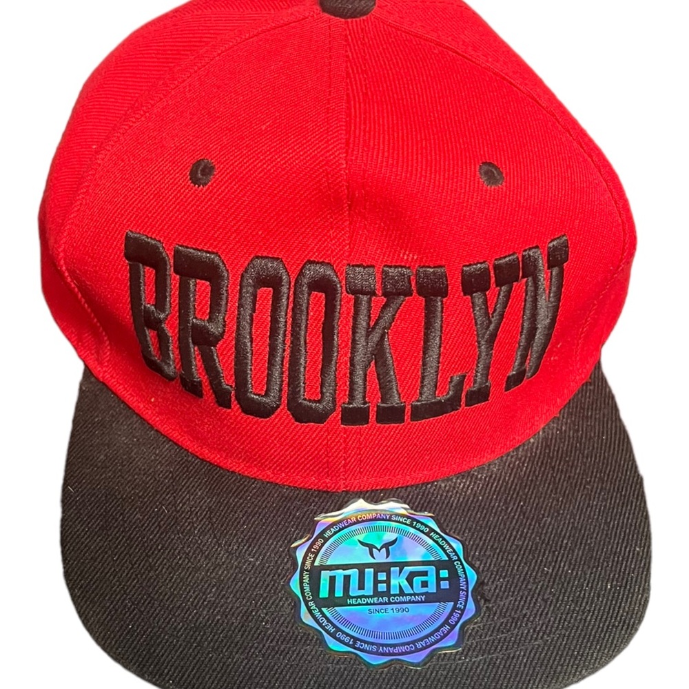 “Brooklyn” Flat Bill Ball Cap Snap Back Adjustable Red & Black Hat Black Letter